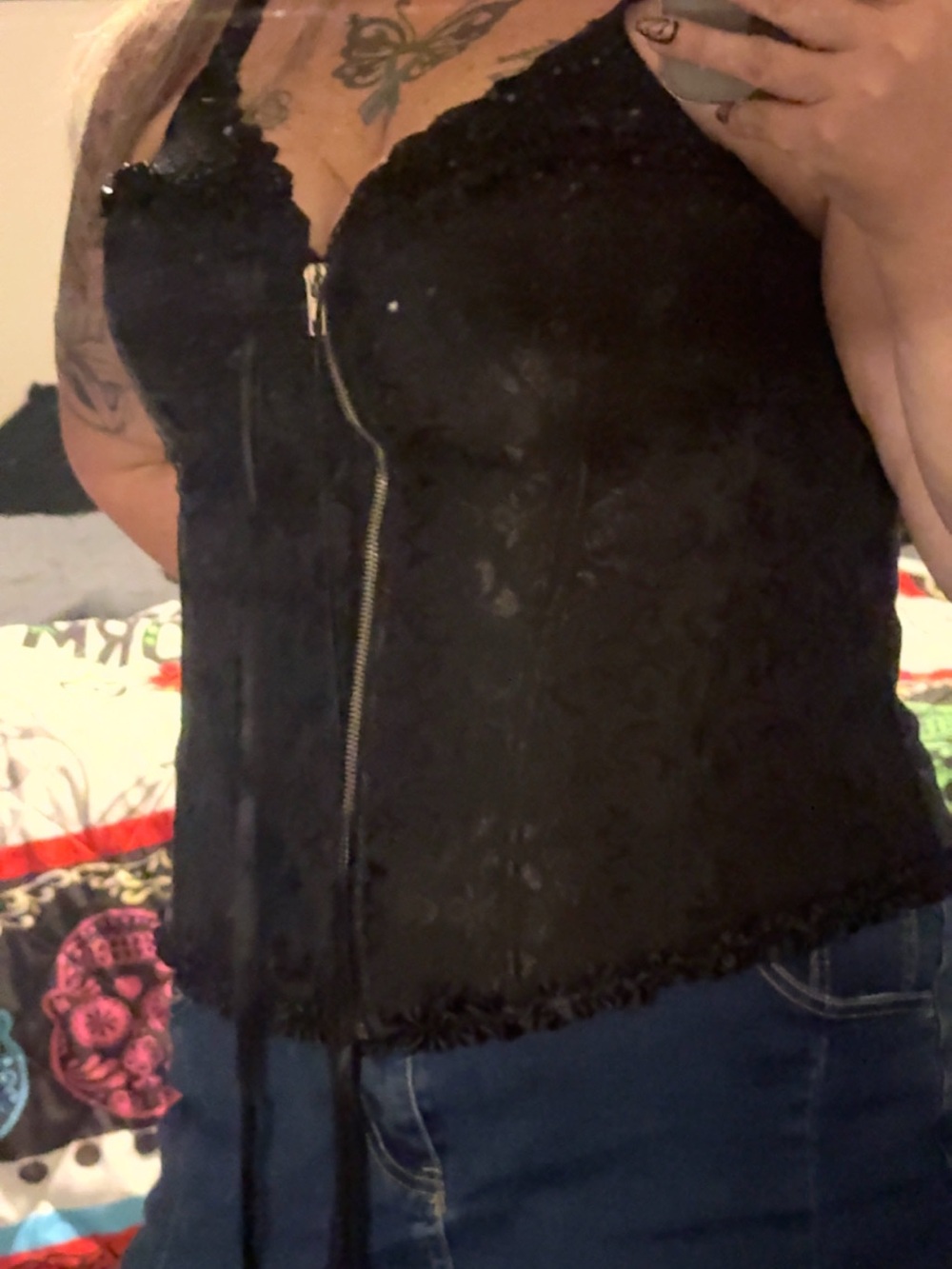 Black Lace Zip-Front Women's Top